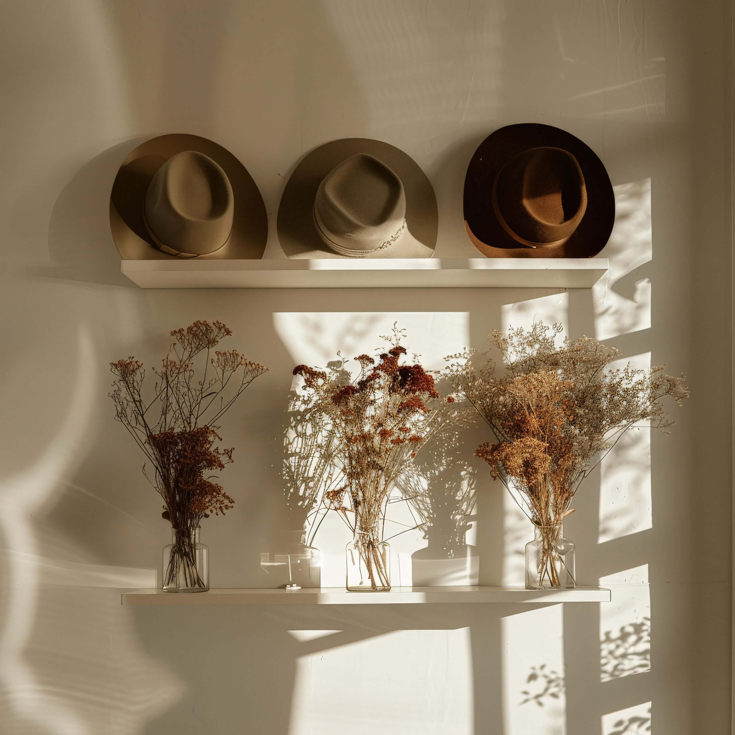 Chapeaux et fleurs séchées au mur