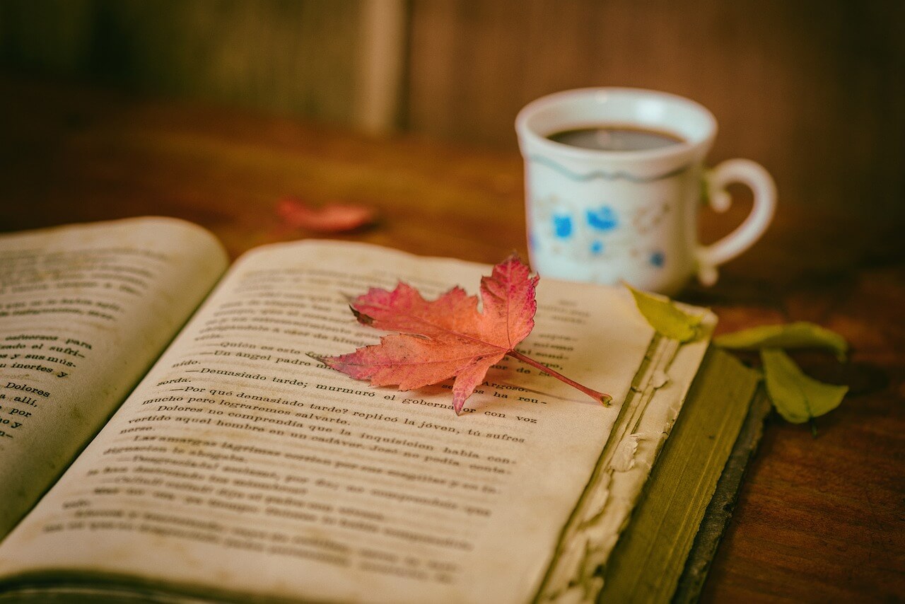 Tasse avec livre ancien et feuille d'érable